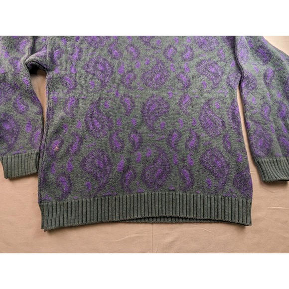 Vintage 90s Men's Large Sweater Paisley Print Retro Geek Chic Teal Purple - Picture 16 of 16